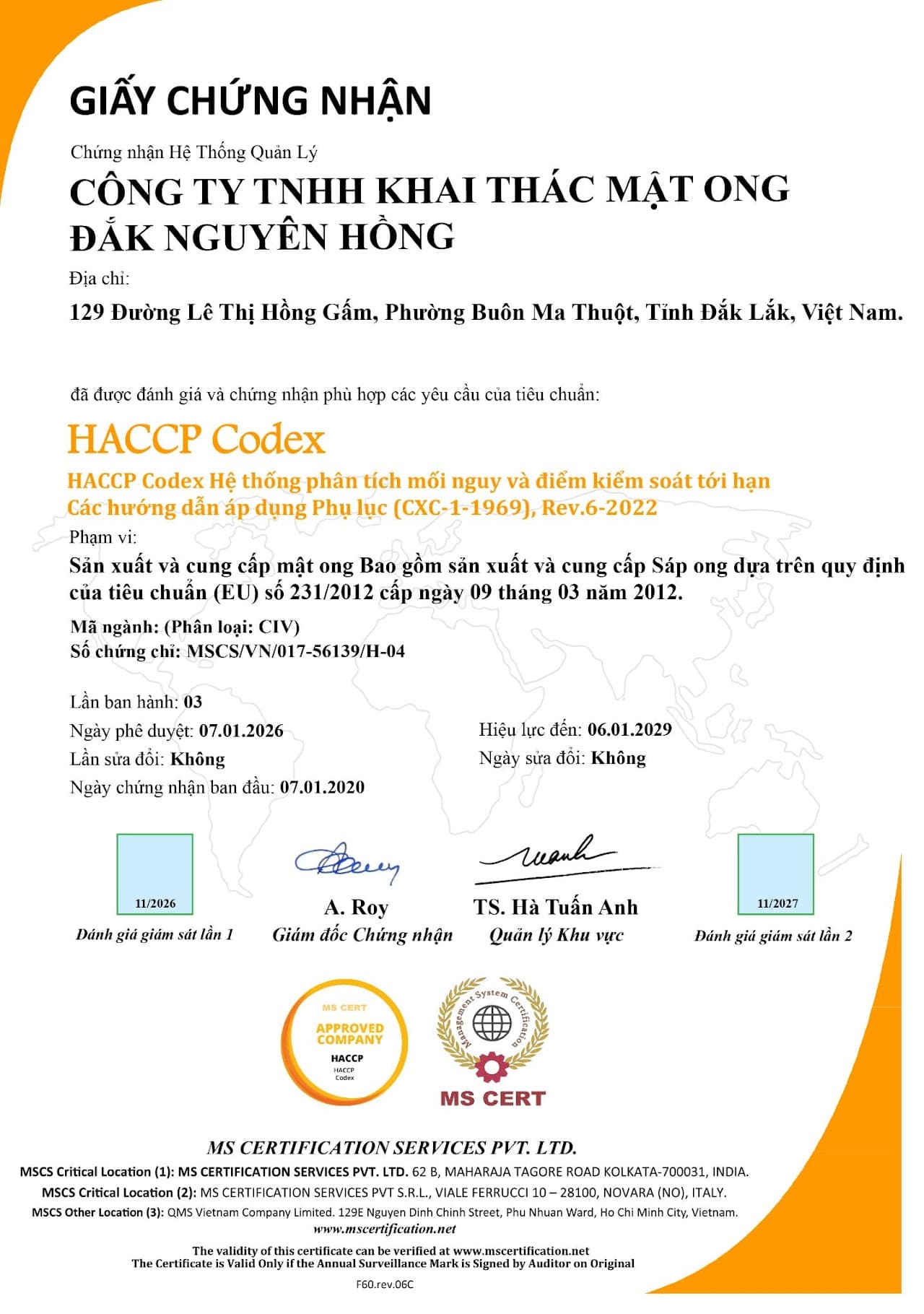 Giấy chứng nhận an toàn vệ sinh thực phẩm — Thế Hồng Honey